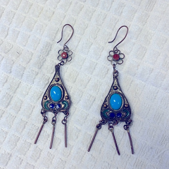 Metal with turquoise dangle earrings - Picture 1 of 3